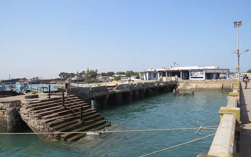 The ferry jetty and turquoise water at Bet Dwarka